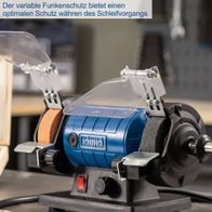 Der Scheppach Doppelschleifer HG35 bietet einen variablen Funkenschutz für optimalen Schutz während des Schleifvorgangs. Die Schutzabdeckung ist verstellbar und sorgt für Sicherheit.