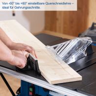 Von -60° bis +60° einstellbare Querschneidlehre – ideal für Gehrungsschnitte. Die Scheppach Tischkreissäge HS254 bietet präzise Winkelanpassungen für verschiedene Schneidaufgaben.