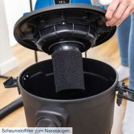 Der Elektro Nass-/Trockensauger VC16 von Scheppach verfügt über einen Schaumstofffilter zum Nasssaugen.