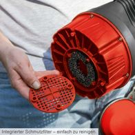 Integrierter Schmutzfilter für einfache Reinigung. Die Scheppach Regenfasspumpe RBP350 bietet eine Fördermenge von 5500 Litern und einen Pumpendruck von 1,1 bar mit 2-in-1-Funktion.