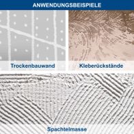 Demonstration von Trockenbauwand und Kleberückständen sowie Spachtelmasse auf der Schleiffläche