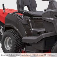 Der Benzin-Rasentraktor TMR452-98C-RD von Scheppach bietet eine zentrale Schnitthöhenverstellung in 7 Stufen von 30 bis 90 mm.