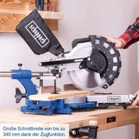Die Kappzugsäge HM254 von Scheppach bietet eine Schnittbreite von bis zu 340 mm dank der Zugfunktion. Sie verfügt über eine Leistung von 2000W und eine Schnitthöhe von 90 mm. Das Gerät wird inklusive zwei Sägeblättern geliefert.