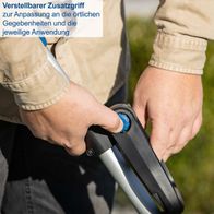 Verstellbarer Zusatzgriff zur Anpassung an die örtlichen Gegebenheiten und die jeweilige Anwendung. Der Akku-Rasentrimmer C-LT300-X von Scheppach bietet eine Schnittbreite von 300mm, eine Fadenlänge von 3m und eine Höhenverstellung von bis zu 270mm.