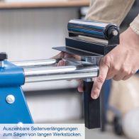 Ausziehbare Seitenverlängerungen für das Sägen langer Werkstücke auf dem Scheppach-Untergestell