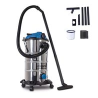 Der Scheppach Nass-/Trockensauger NTS35 PREMIUM mit Zubehör wie Schlauch, Düsen und Filtern. Der Sauger wird von der Seite gezeigt.