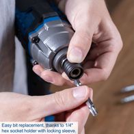 The cordless impact screwdriver C-ID180-X from Scheppach allows for easy bit replacement thanks to a 1/4" hex socket holder with locking sleeve.