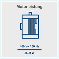 Der Holzspalter HL3000GM von Scheppach hat eine Motorleistung von 5500 Watt und arbeitet mit 400 Volt Wechselstrom bei 50 Hertz.