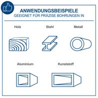 Anwendungsbeispiele für präzise Bohrungen in verschiedenen Materialien: Holz, Metall, Stahl, Aluminium und Kunststoff