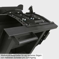 Werkstückniederhalter für sicheres Sägen von mehreren Scheiten pro Durchgang. Ideal für präzises Arbeiten an der Wippsäge WOX D700 Black Edition von Scheppach.