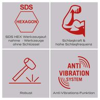 Der Abbruchhammer PX-AB-55 Practixx verfügt über SDS HEX Werkzeugaufnahme für schlüssellose Werkzeuge, hohe Schlagkraft und Schlagfrequenz sowie ein Anti-Vibrations-System für robuste und vibrationsarme Arbeit.