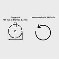 Illustration eines Sägeblattes mit Maßen 160 mm × 20 mm und Drehzahlangabe für die Tauchsäge TAS55-BE