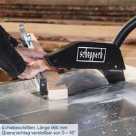 Tischkreissäge TS310 mit Schiebeschlitten. Länge 960 mm, Queranschlag verstellbar von 0 – 45°.