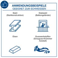 Das 3in1 Kombi-Schweißgerät WSE4000-CUT Scheppach eignet sich zum Schweißen von Stahl (Stahlkonstruktion), Edelstahl (Balkongeländer), Eisen und Gusswerkstoffen (Grauguss-Krümmer Autoteil).