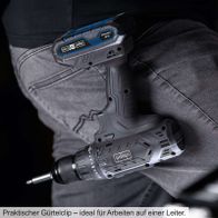 Praktischer Gürtelclip – ideal für Arbeiten auf einer Leiter. Der Scheppach Akkuschrauber ist leicht und handlich, perfekt für unterwegs.