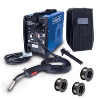 Fülldraht-Schweißgerät WSE3200 Scheppach mit Zubehör, gezeigt von vorne.