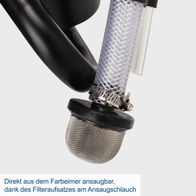 Das Farbsprühsystem ACS3000 von Scheppach ermöglicht das direkte Ansaugen aus dem Farbbehälter dank des Filteraufsatzes am Ansaugschlauch.