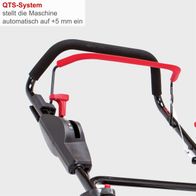 Das QTS-System stellt die Maschine automatisch auf +5 mm ein. Es verfügt über einen roten Griff und einen schwarzen Hebel mit Einstellrad.