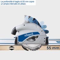 Die Tauchsäge PL55 von Scheppach hat eine Schnittiefe von 55 mm. Sie verfügt über eine 160 mm große Sägeblatt und eine Leistung von 1200 W. Die Säge wird mit zwei 700 mm langen Führungsschienen geliefert.