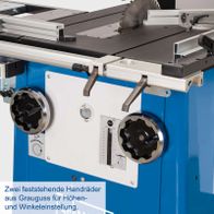 Zwei feststehende Handräder aus Grauguss für Höhen- und Winkleinstellung auf Präzisionsschleifmaschine