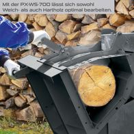 Wippsäge PX-WS-700 mit Holzstapel und Sägeblatt für präzise Bearbeitung von Weich- und Hartholz