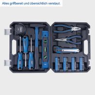 Der Werkzeugkoffer WZK49 von Scheppach enthält verschiedene Werkzeuge wie Akkuschrauber, Zangen, Schraubendreher und eine Wasserwaage. Alle Werkzeuge sind übersichtlich und griffbereit verstaut.