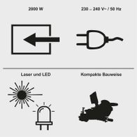 Technische Merkmale: 2000-Watt-Leistung, 230–240 V, 50 Hz; kompakte Bauweise mit Laser- und LED-Anleitung für präzise Schnitte