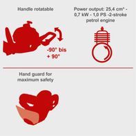 The petrol hedge trimmer HTH250/240P by Scheppach features a rotatable handle (-90° to +90°), a hand guard for maximum safety, and a 2-stroke petrol engine with 25,4 cm³, 0,7 kW, and 1,0 PS.