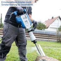 Scheppach-Abruchhammer mit Text 'ermüdungsfreies Arbeiten durch Schaltarretierung für Dauerbetrieb'