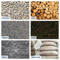 Das Bild zeigt verschiedene Materialien: Schotter, Holz, Steine, Erde, Beton und Sackware. Der Dumper DP3000 von Scheppach eignet sich ideal für den Transport dieser Materialien.