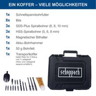 Transportkoffer für Akku-Bohrhammer mit integriertem Platz für 2 Akkus und 1 Ladegerät; inkl. Schnellspannbohrfutter, Bits und Bohrer (6, 8, 10 mm SDS-Plus, 5, 6, 8 mm HSS-Spiralbohrer), Bohrfett und Magnetbithalter