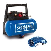Der Scheppach Kompressor HC06 mit 1200W Motor, 200 L/min Fördermenge und 8 bar Druck. Inklusive 5m Spiralschlauch. Ölfreier Betrieb für wartungsfreien Einsatz.