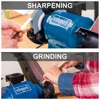 The Scheppach BGS700 combination grinder offers two functions: grinding and sharpening. The top wheel is suitable for sharpening, the bottom one for grinding.