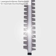 Lasergeschnittenes Stahlschwert für maximale Durchschlagskraft. 10-stufige Verstellung für präzisen Schnitt. Elektro-Langstiel-Heckenschere ETHT1000 mit 410mm Schnittlänge und 230V Betriebsspannung.