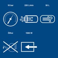 Technische Daten: Ölfreier Kompressor mit 10 bar Druck, 1500 Watt Leistung, 220 Liter/min Luftleistung, 50 Liter Fassungsvermößen der Kessel
