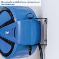 Robuster Kunststoffgehäuse mit praktischer Wandhalterung für tragbare pneumatische Schlauchrolle