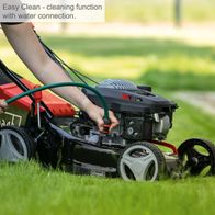 The Scheppach Petrol Push Lawnmower MP132-42 features an Easy Clean function with water connection for easy cleaning.