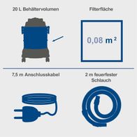 Der Scheppach SprayVac20 hat ein Behältervolumen von 20 Litern, eine Filterfläche von 0,08 m², ein 7,5 Meter langes Anschlusskabel und einen 2 Meter langen feuerfesten Schlauch.