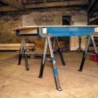 Scheppach MWB600 saw horse trestle, adjustable height from 61.8 to 82 cm, load capacity of 589 kg each.