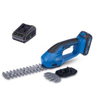 Scheppach cordless grass and shrub shears set with battery and charger, including blade attachments