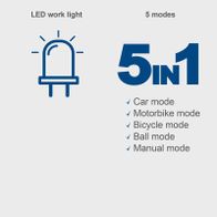 The Scheppach AC10/8V Cordless Hand-Held Compressor features 5 operating modes: Car mode, Motorbike mode, Bicycle mode, Ball mode, and Manual mode.