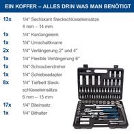 Werkzeugkoffer TB94 von Scheppach mit Steckschlüsselsätzen, Verlängerungen und Bauteilen für 1/4" und 3/8" Systeme