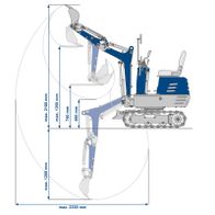 Technische Abmessungen und Reichweitenangaben für den Mini-Bagger mit Kettenantrieb