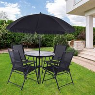 Das Balkonset 6-tlg. PX-BS-1 Practixx von Scheppach umfasst 4 Klappstühle, einen Sonnenschirm und einen Glastisch. Ideal für Garten und Balkon.