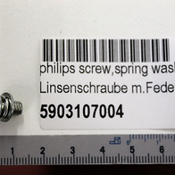 Eine Linsenschraube mit Federring und Scheibe M5x8 von Scheppach. Die Schraube wird von der Seite gezeigt.
