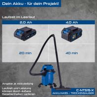 Vergleich der Akkulaufzeit für Akku-Nass-/Trockensauger mit 2,0 Ah und 4,0 Ah Batterie (20/40 Minuten)