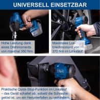 Scheppach Akku-Schlagschrauber mit hohem Drehmoment (bis 350 Nm) und praktischer Quick-Stop-Funktion für sichere Handhabung.