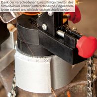 Scheppach-Kettenschärfmaschine mit Schleifwinkel-Einstellmöglichkeiten für verschiedene Kettenarten