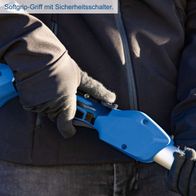 Das Akku-Multifunktionsgerät C-PHTS410-X von Scheppach verfügt über einen Softgrip-Griff mit Sicherheitsschalter für sicheren und komfortablen Gebrauch.