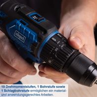 Die Akku-Schlagbohrmaschine BC-CD60-X von Scheppach bietet 19 Drehmomentstufen, 1 Bohrstufe und 1 Schlagbohrstufe für material- und anwendungsgerechtes Arbeiten.